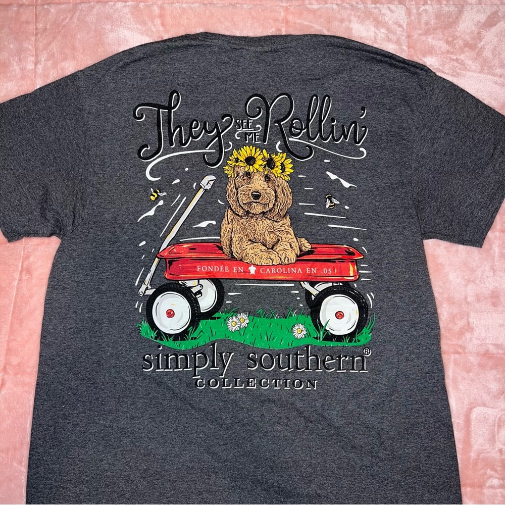 Simply Southern Gray Tee with Dog and Red Wagon
